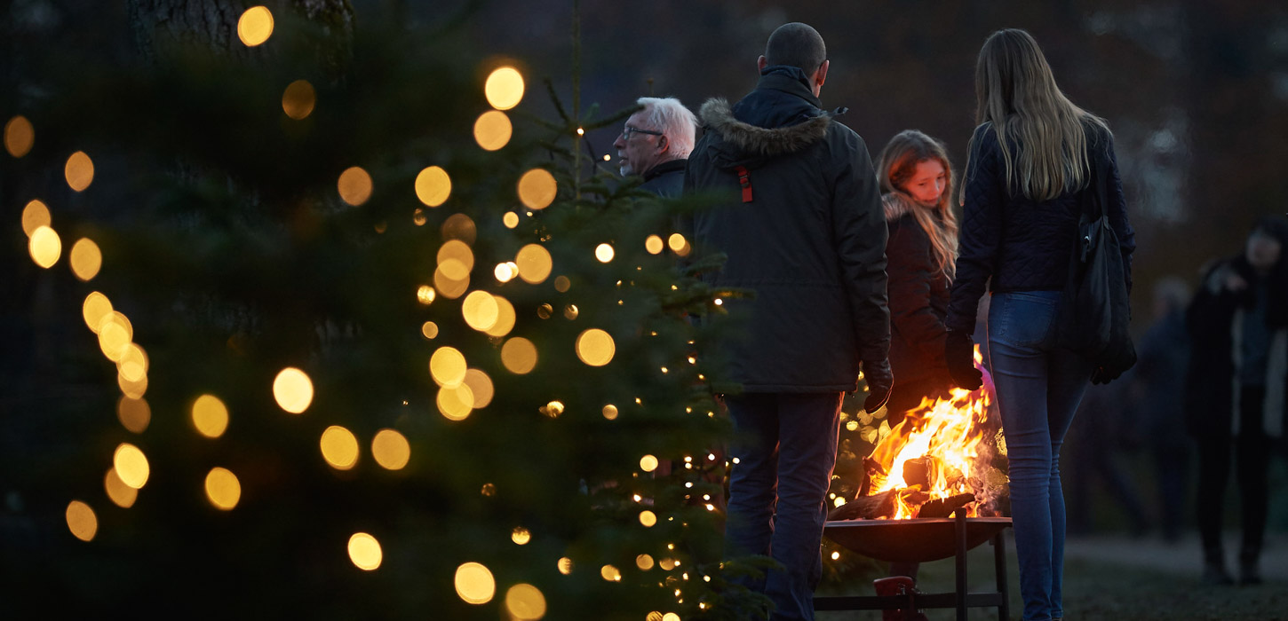 Et par mennesker omkring ild i et bålfad i mørket. Lyskæde på træ i forgrunden.