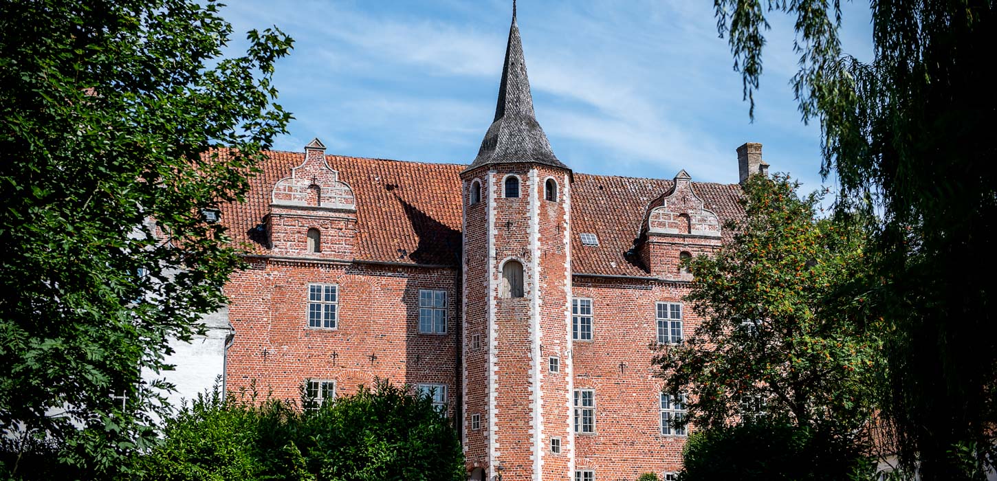 Herregården Harridslevgaard ses gennem flere træer. Gaarden er rød og har i midten et tårn med et helt spidst tag.