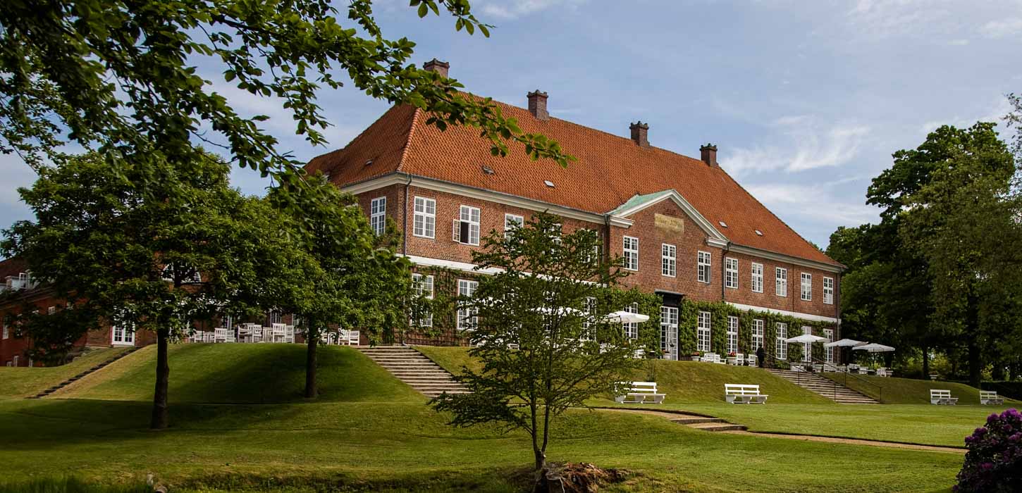 I forgrunden står fire træer. Bag dem ser man Hindsgavls slots røde bygning i kontrast til den blå himmel. 