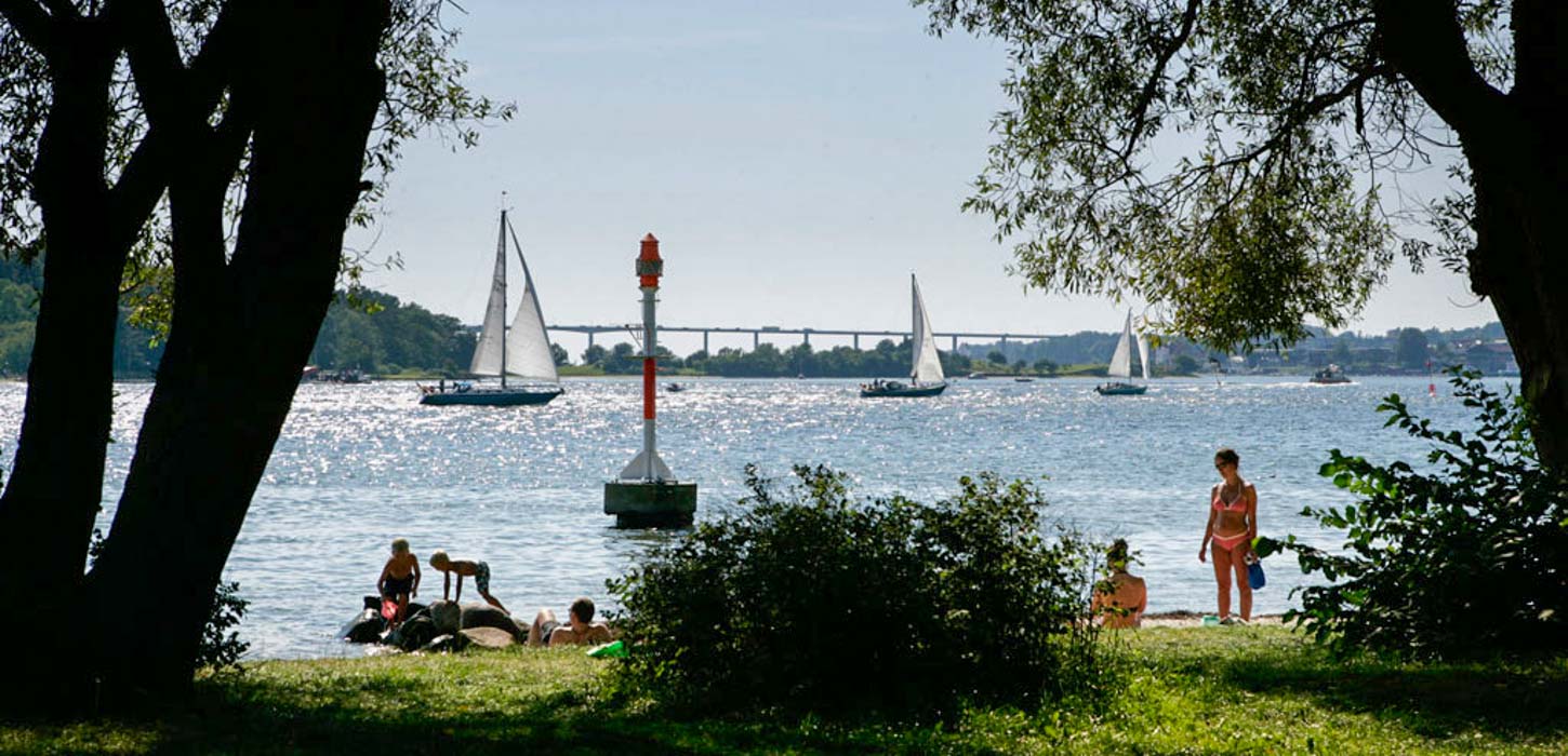 I forgrunden er der træer i begge sider og en busk i midten. Bagved kan man se mennesker i badetøj lege i vandet eller sole på stranden. I baggrunden er havet med tre både og en stor bro i horisonten.