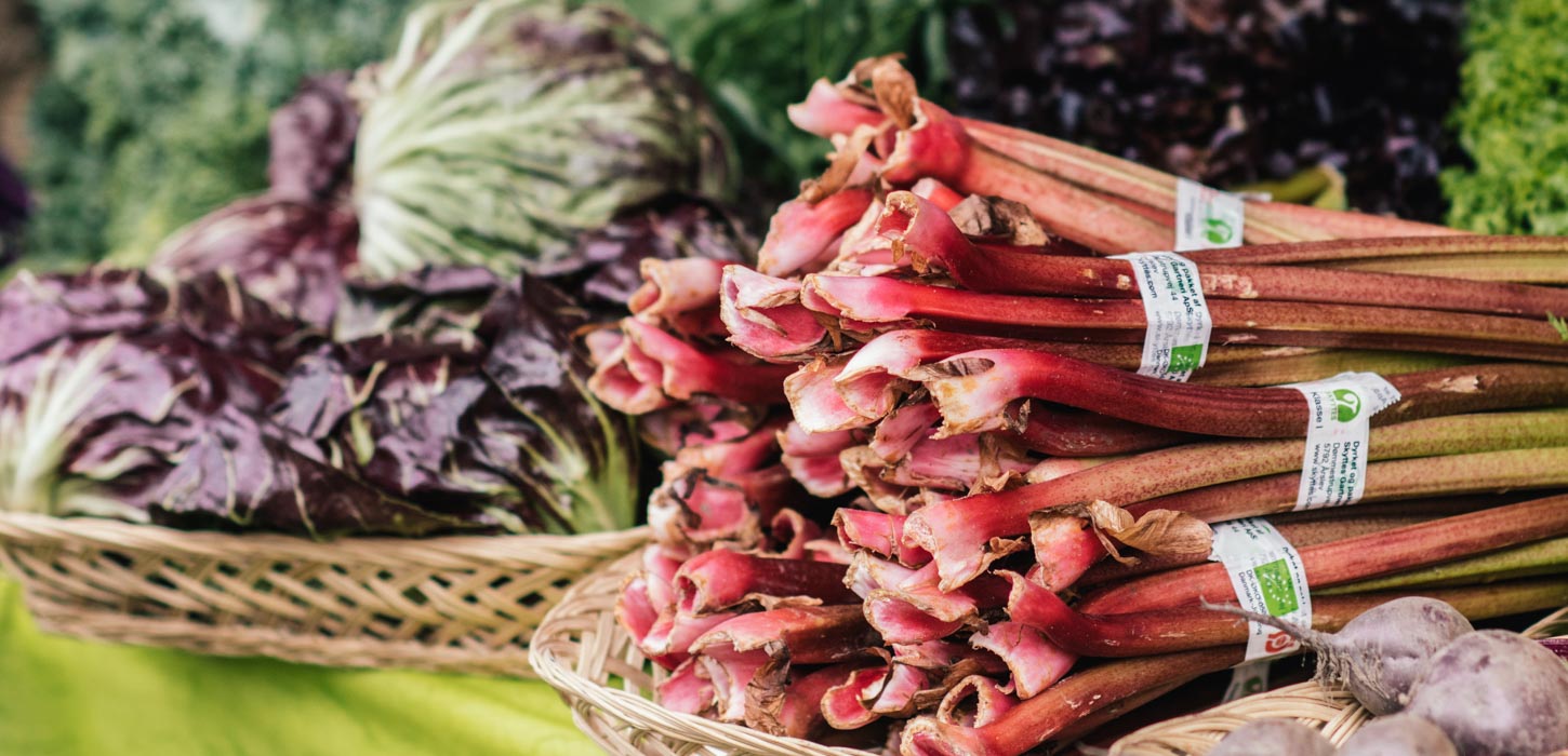 Nærbillede af bundter med friske rabarber og salater.