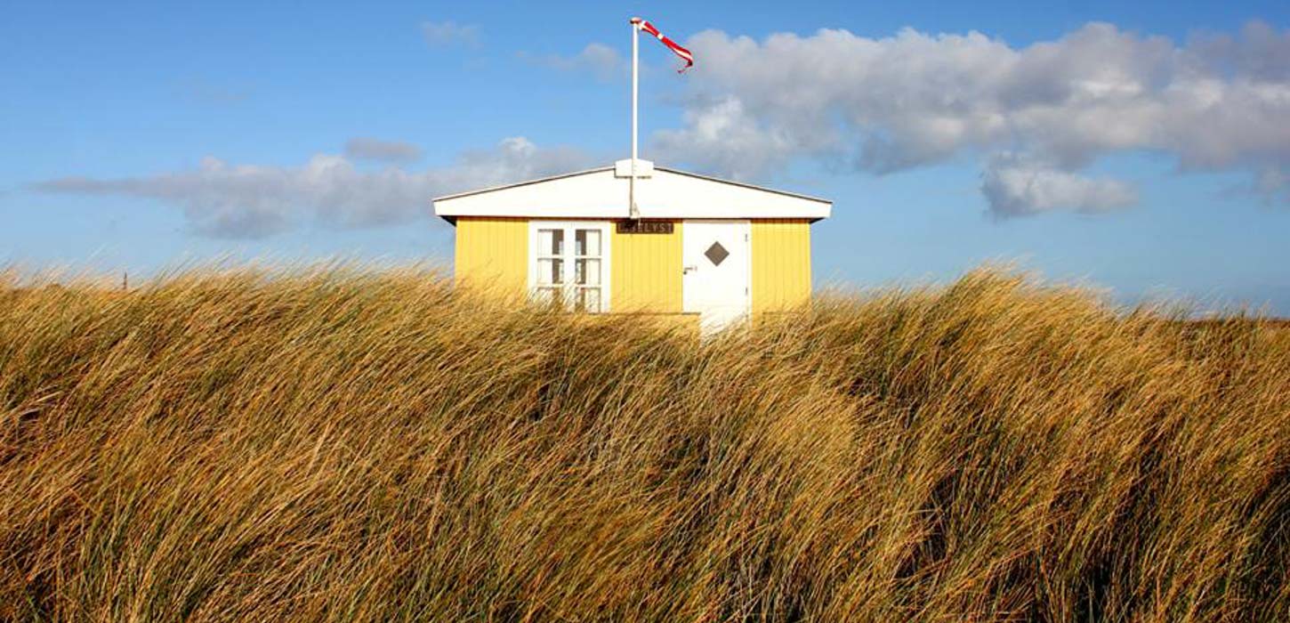 Gult sommerhus i midten af et strandligt landskab.