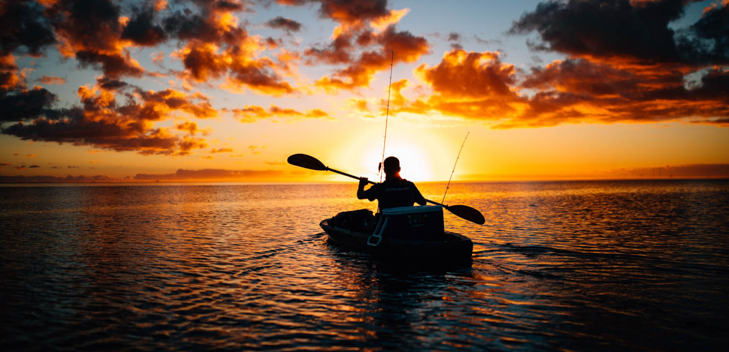Sort silhuet af person i kajak, der sejler ud i solnedgangen på stille vand. To fiskestænger anes fra kajakken.