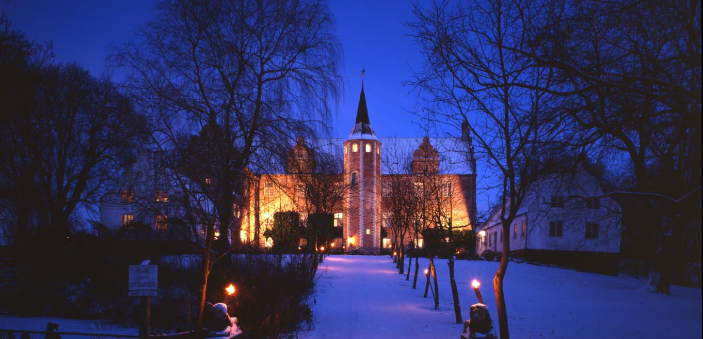 En snedækket sti med træer og lygter på begge sider fører op til et oplyst slot.