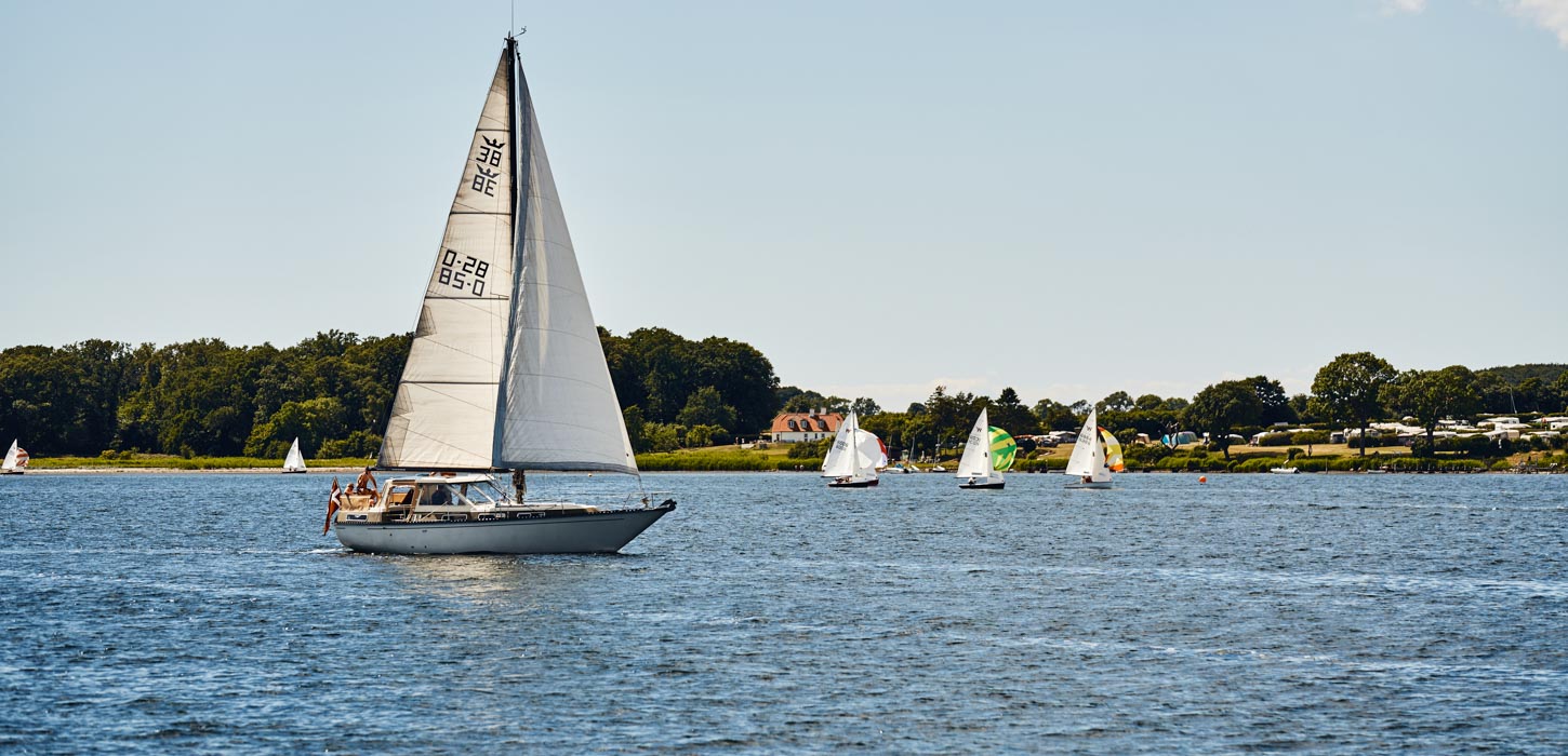 Sejlbåd bevæger sig over et hav på en dejlig dag med skyfri himmel.