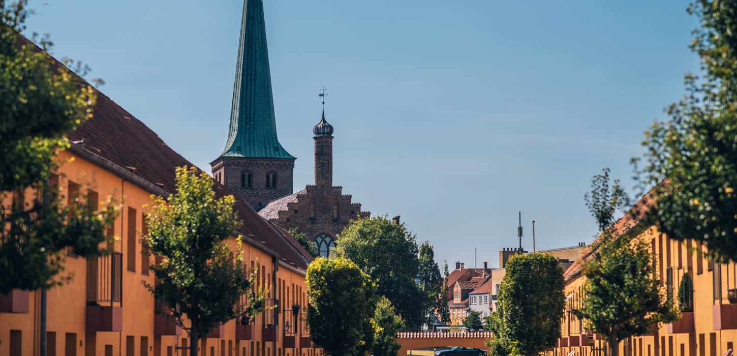 Blå himmel over en charmerende, orange købstad, med grønne træer og et kirketårn med grønt spir i baggrunden.