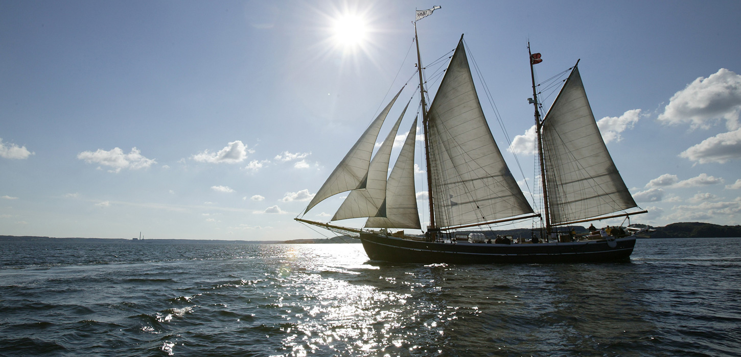 Stort træskib sejler over et åbent hav, mens solen skinner.