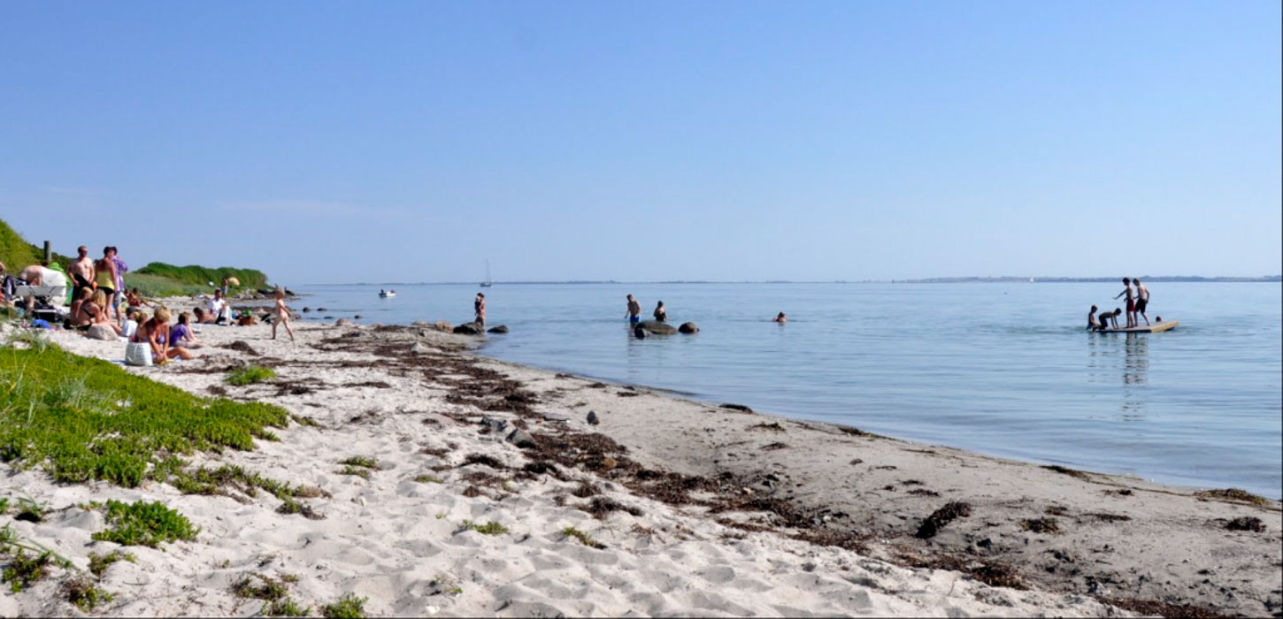 Mennesker hygger sig i vandet og nogen sidder i sandet på stranden og soler sig.