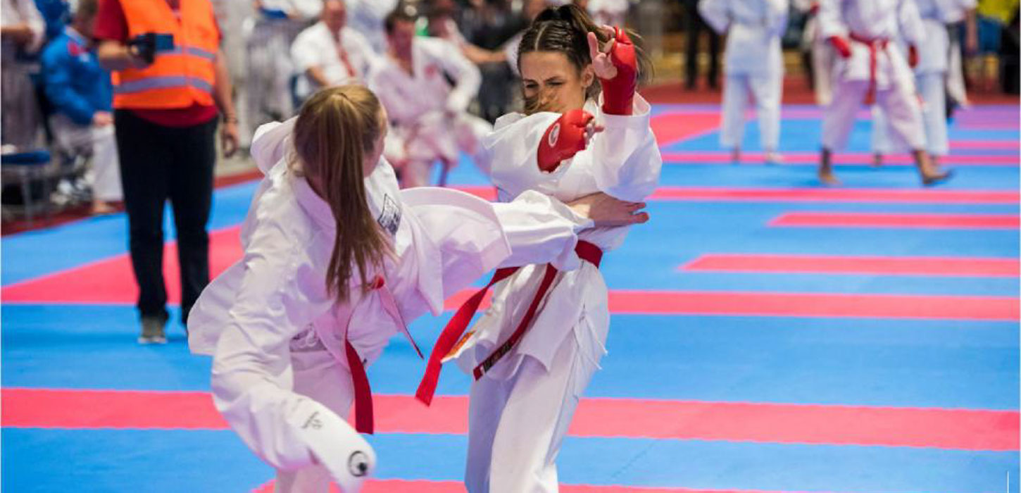 Et blåt og rødt gulv fylder det meste af billedet. I forgrunden af billedet er to piger klædt i hvidt i gang med en karate kamp. Den ene er ved at sparke den anden i højre side af overkroppen. I baggrunden ses en mand i en orangevest og andre karateudøvere klædt i hvidt i gang med deres kampe.