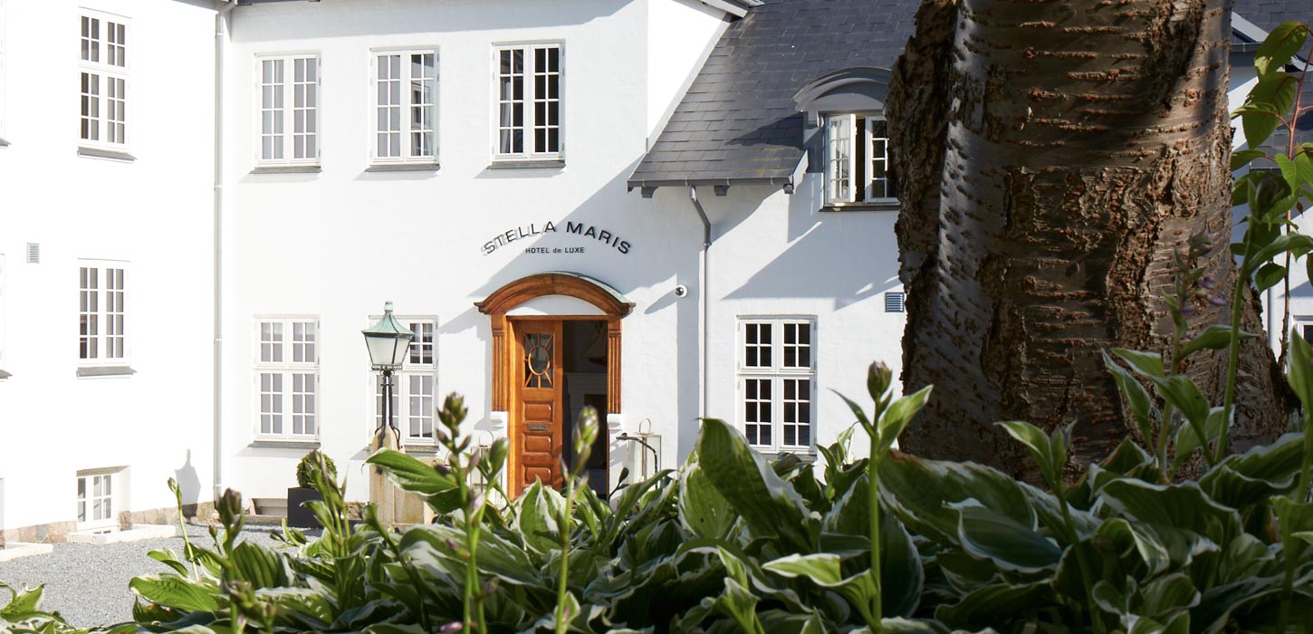 Facadefoto af et stort, hvidt hotel med åben dør. Grønne blade i forgrunden.