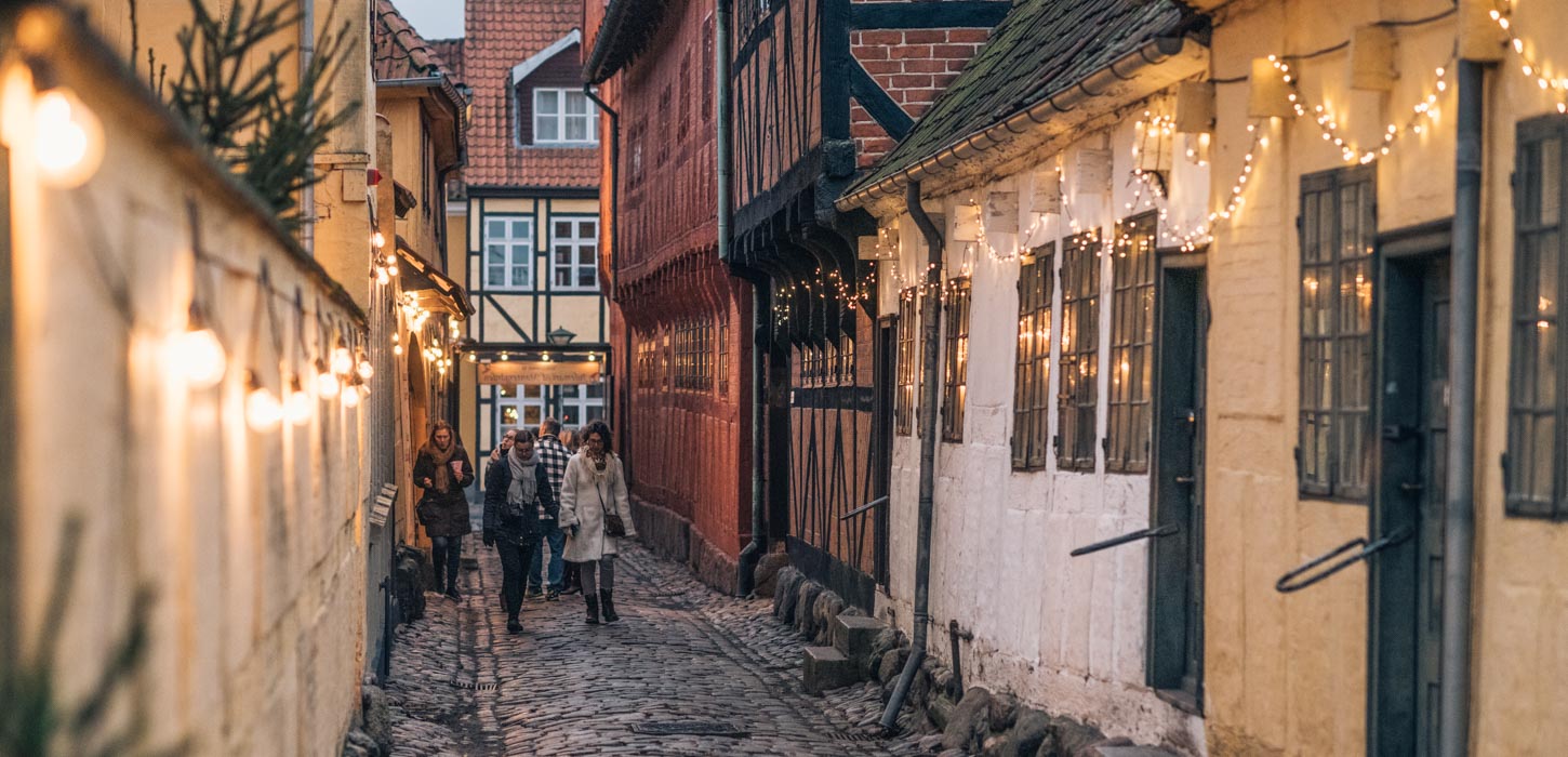 Smal, hyggelig gade med små gule, hvide og røde bindingsværks- og murstenshuse. Lyskæder er hængt op på husenes facader. En flok mennesker går sig en tur i gaden.