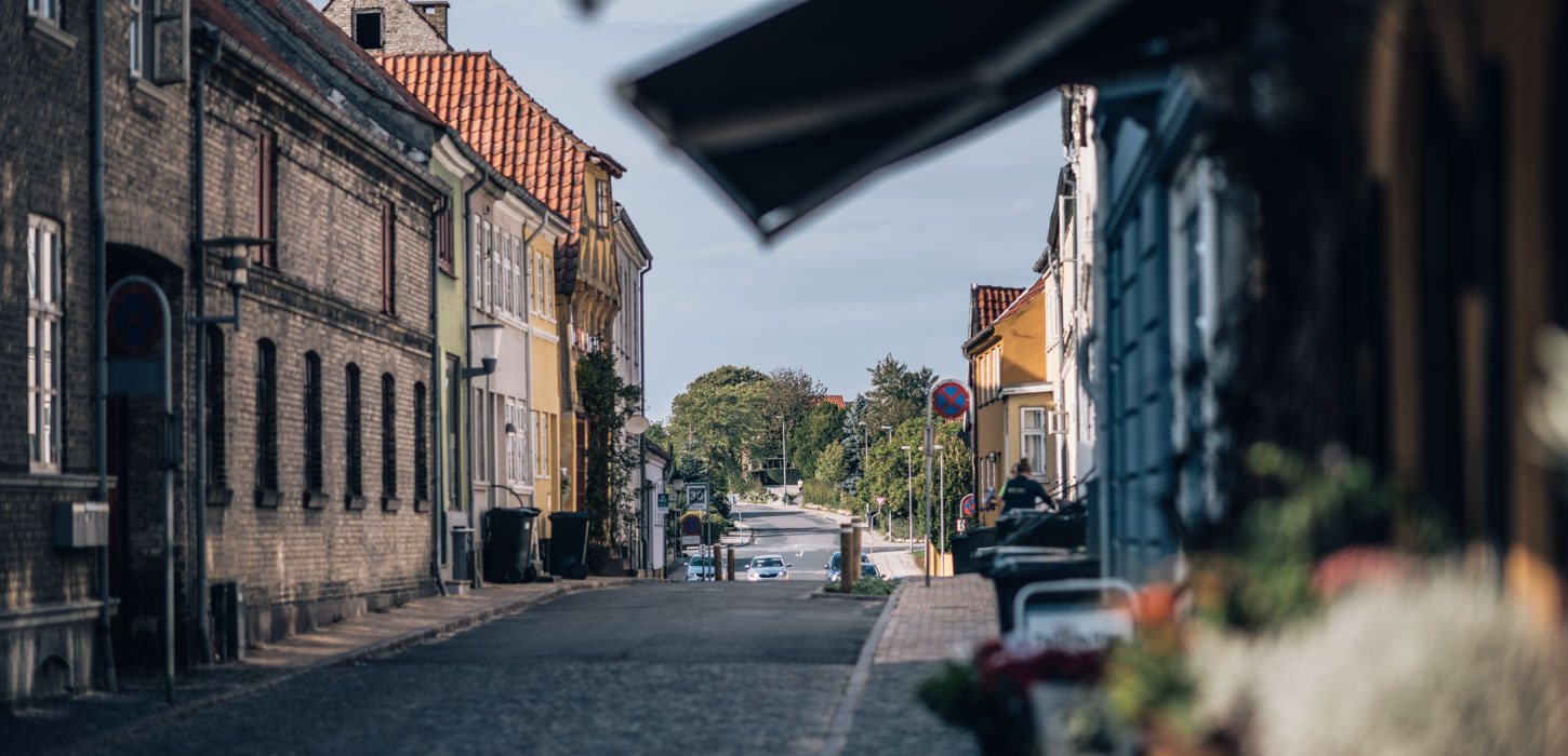 Et view ned ad en brostensbelagt gade, med huse til begge sider.