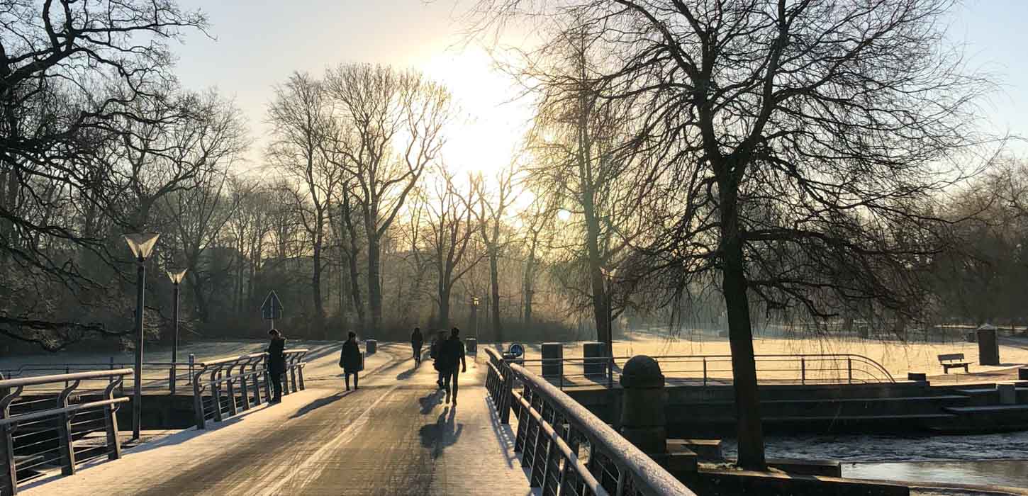 Mennesker går tur ved Munke Mose i Odense en solskinsdag om vinteren.