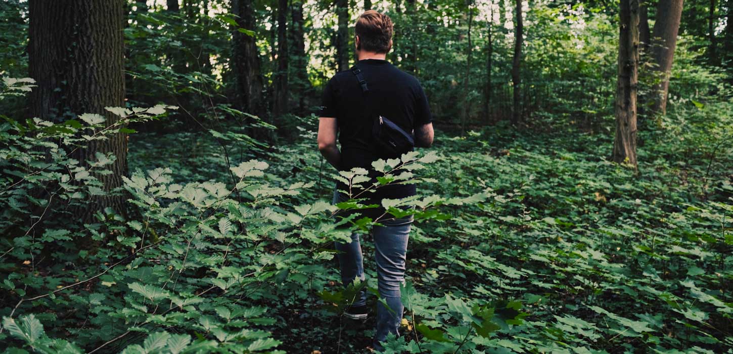 Mand går med ryggen til i en dyb grøn skov.