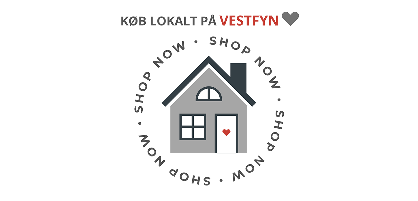 Grafik af et gråt lille hus med et rødt hjerte på hoveddøren. Det er omgivet af en cirkel af ordene "Shop now" fire gange. Øverst står "Køb lokalt på Vestfyn".