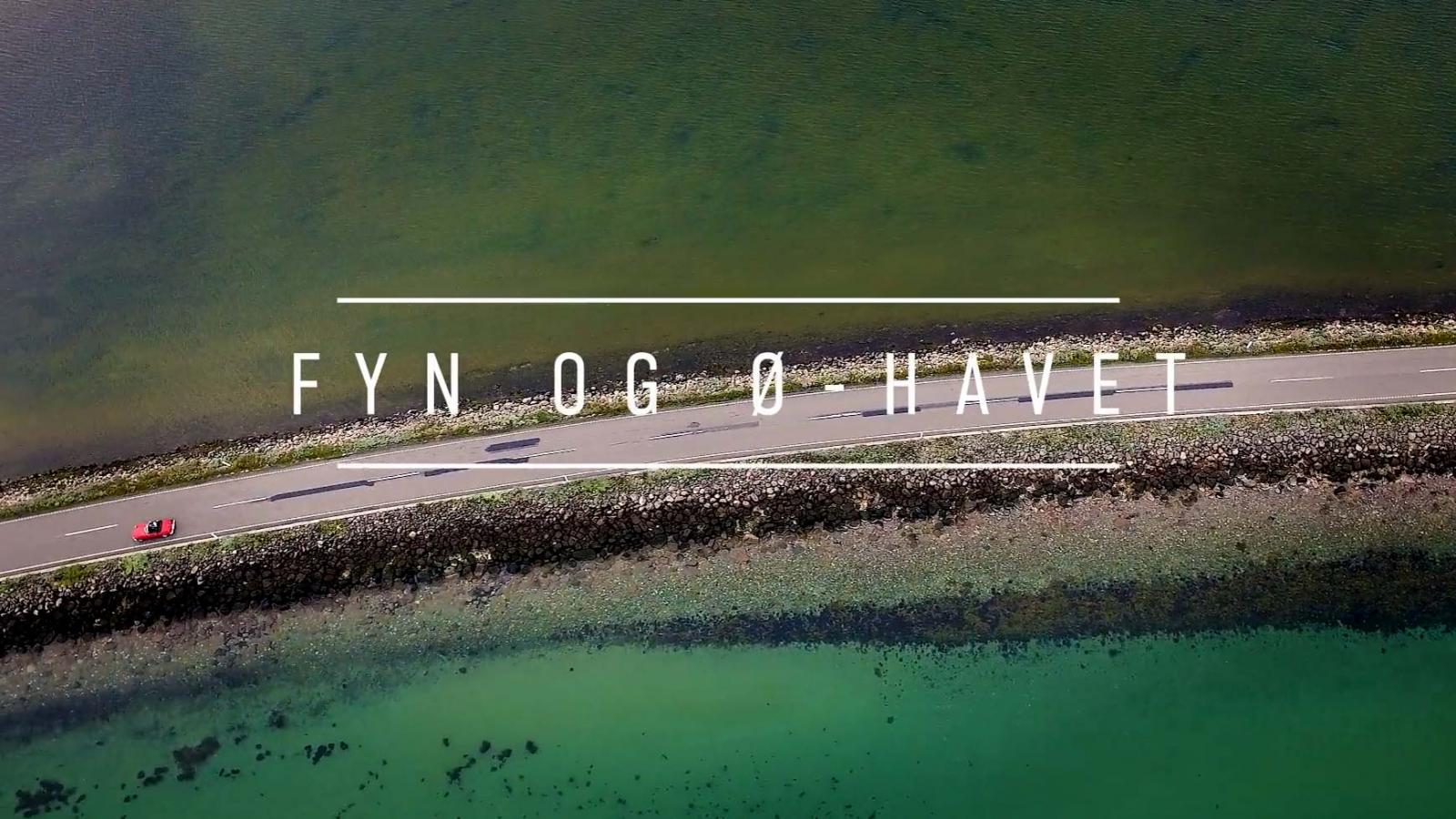 Dæmning set ovenfra med grønligt vand rundt om og teksten "Fyn og Ø-havet"