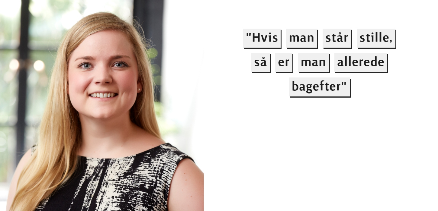 Til venstre er et portrætfoto af Line Heidenheim Juul, China Experience. Til højre er citatet "Hvis man står stille så er man allerede bagefter" i sort tekst.