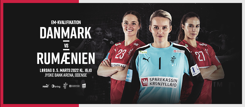 Plakat med tre kvindelige håndboldspillere og teksten: EM-kvalifikation Danmark-Rumænien 