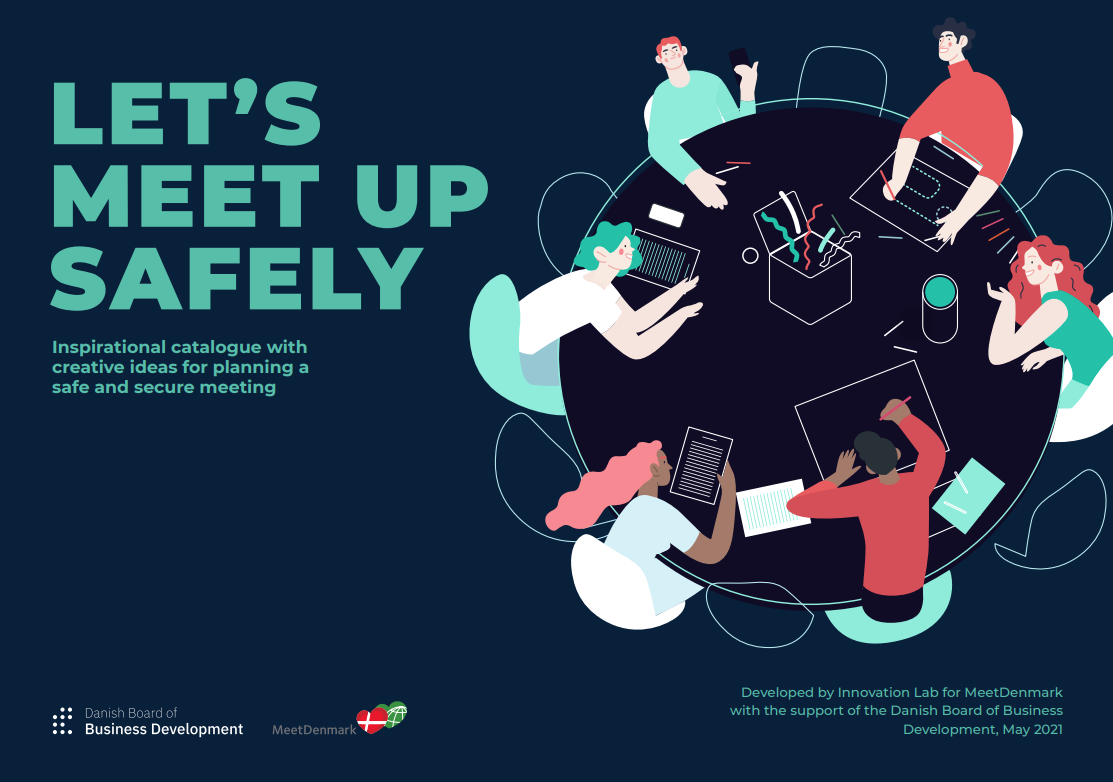 Garfik: Til venstre står der med grønt "Lets meet up safely". Til højre er en tegning af seks mennesker om et rundt bord. De sidder og snakker, skriver og tegner. 