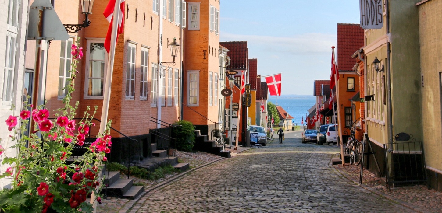 Brostentbelagtgade i Ærøskøbing om sommeren med havkig. Stokroser i forgrunden og farverige huse.