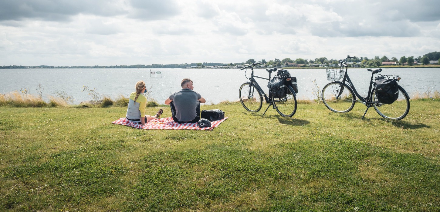 En mand og en kvinder holder rest på et ternet tæppe på græsset med udsigt over vandet. Deres cykler med oppakning står parkeret ved siden af.
