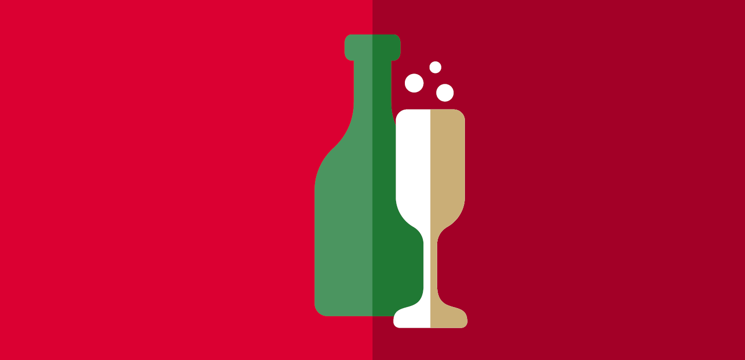 Grafik. Baggrunden er farvet i to forskellige nuancer af rød. Venstre side er lys og højre mørk. Midt i billedet er en grafik af en ølflaske, og til højre for den et champagneglas med tre små cirkler over. 