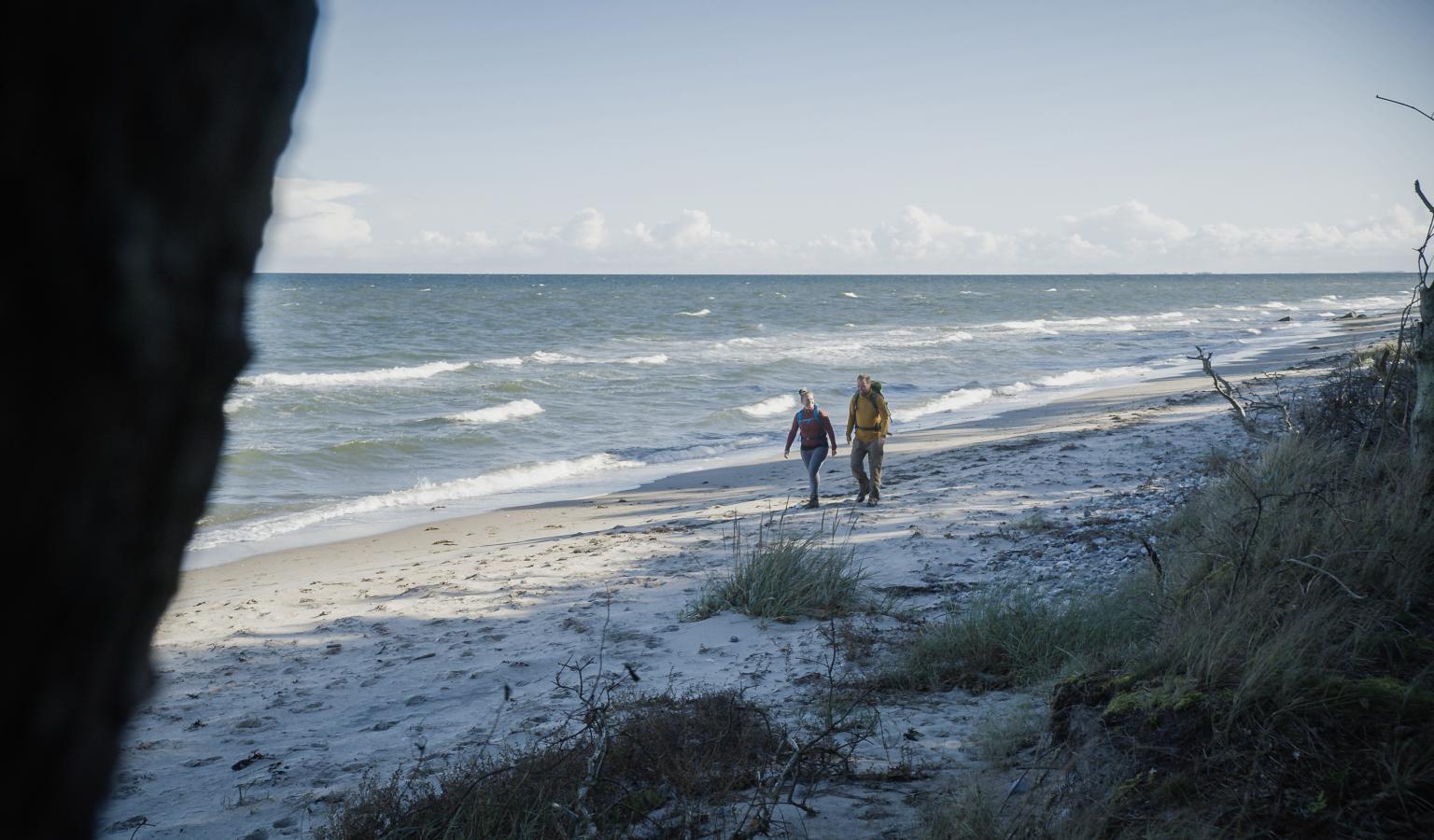 Et par vandrer en tur langs stranden.