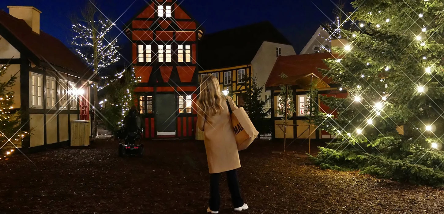 På en brostensgade går en lyshåret kvinde med ryggen til. Hun har en brun frakke og taske på. Til højre for hende ses et juletræ med lyskæde. Til vestre ses små gamle bindingsværkshuse lyst op af små træer med lyskæder på.