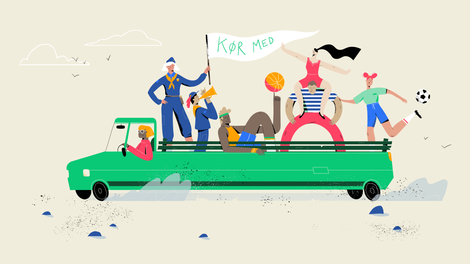 Illustration af grøn vogn med mennesker ombord og et skilt med "Kør med".