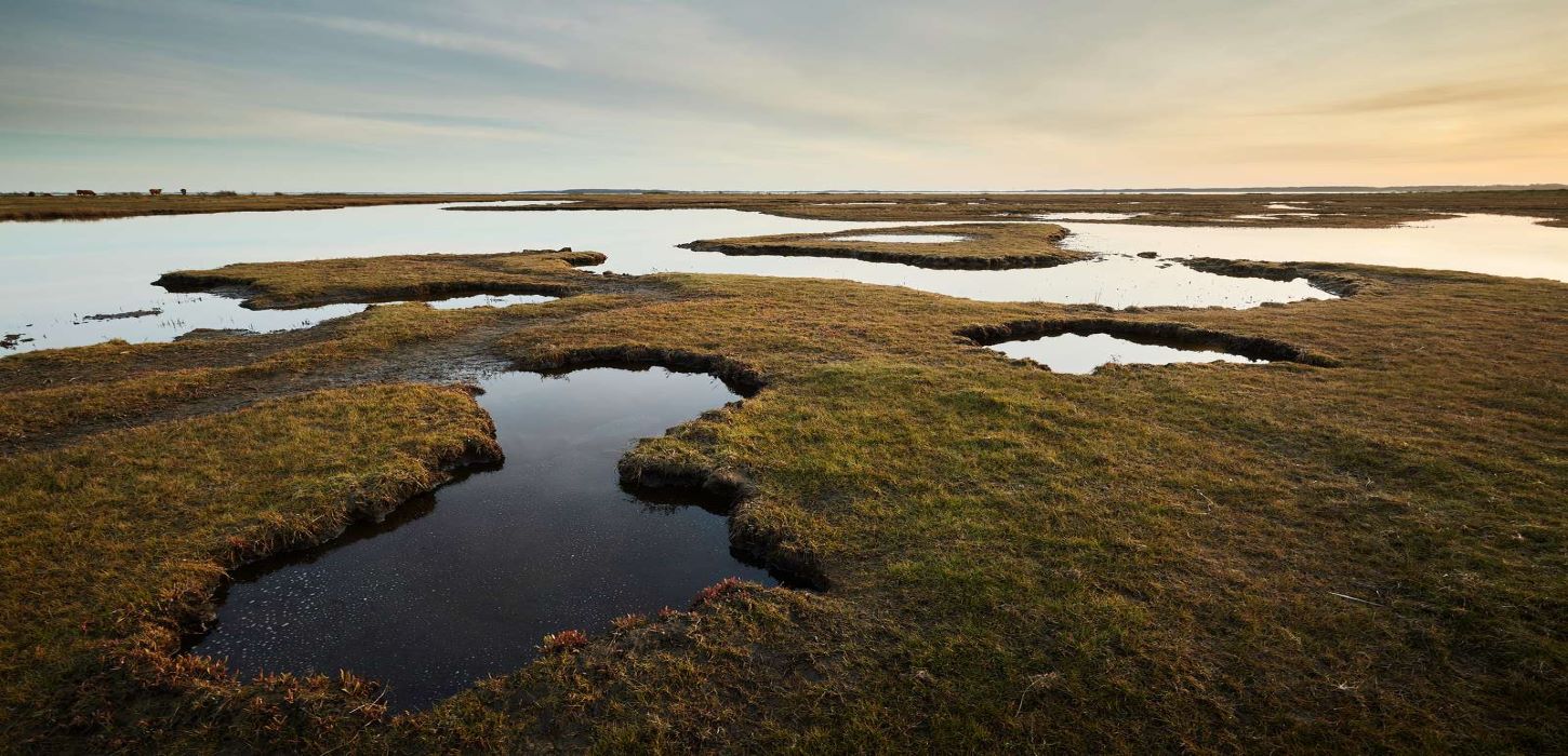 Thurø revs landskab set i en flot eftermiddagssol med himlen, der spejler sig i vandet.