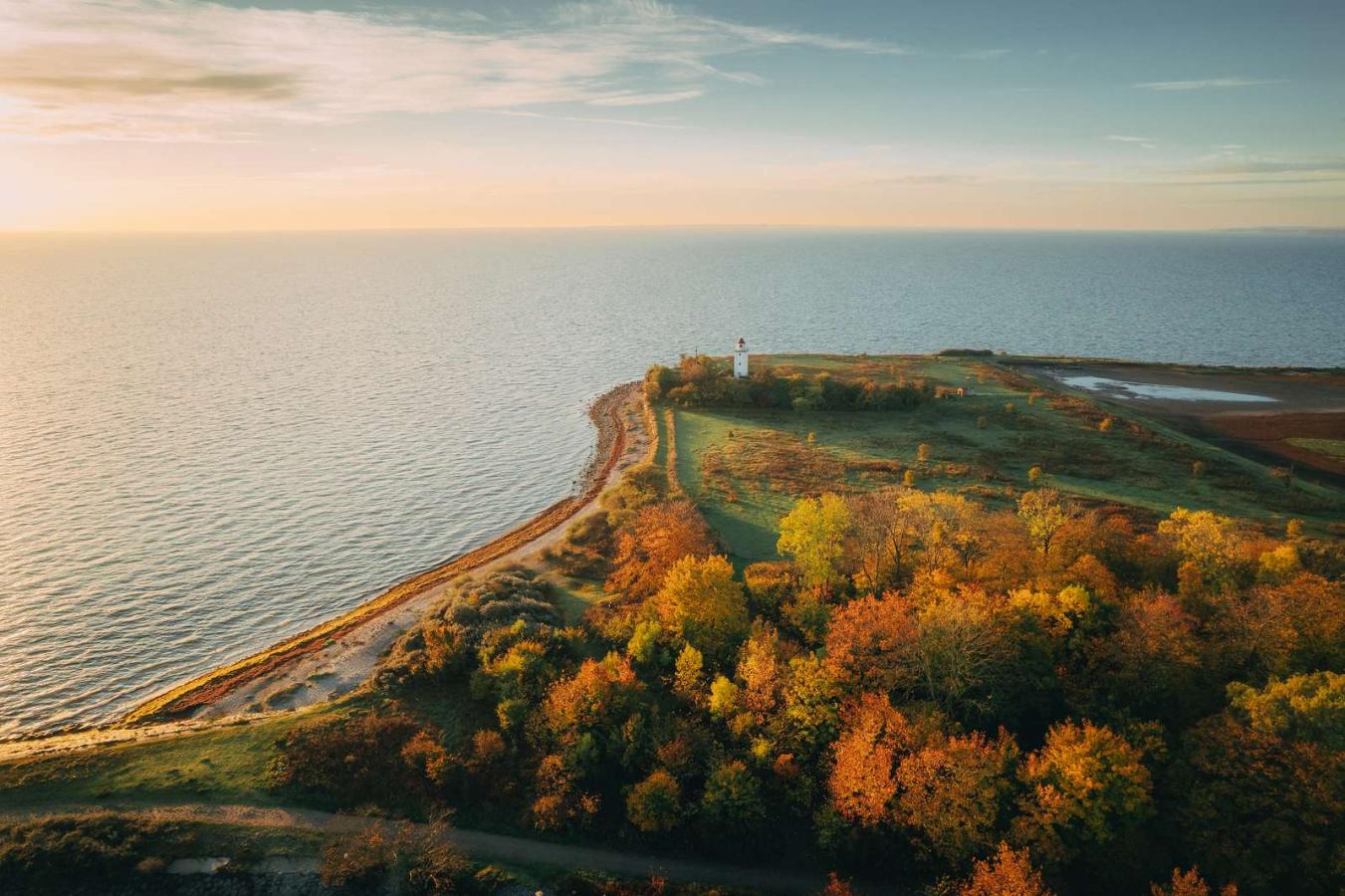 Et dronebillede fra en efterårsdag. Billedet er af en kyststrækning. I venstre side glider havet og himlen sammen i horisonten. Til højre ses en skov ovenfra, og spidsen af land. På spidsen kan man se et lille hvidt fyrtårn. 