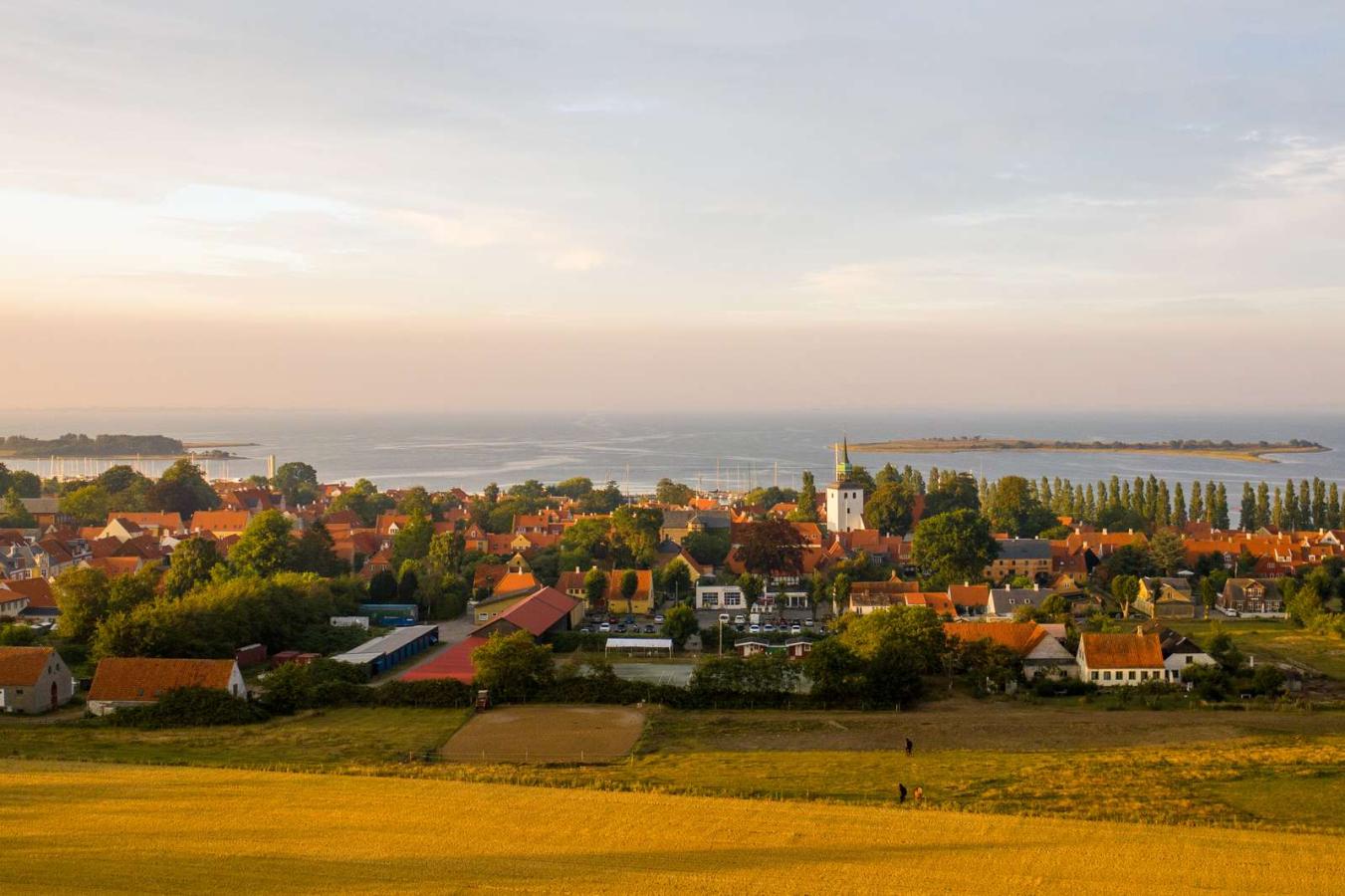 Landskabsbillede af Ærøskøbing med blå himmel og gul rapsmark.