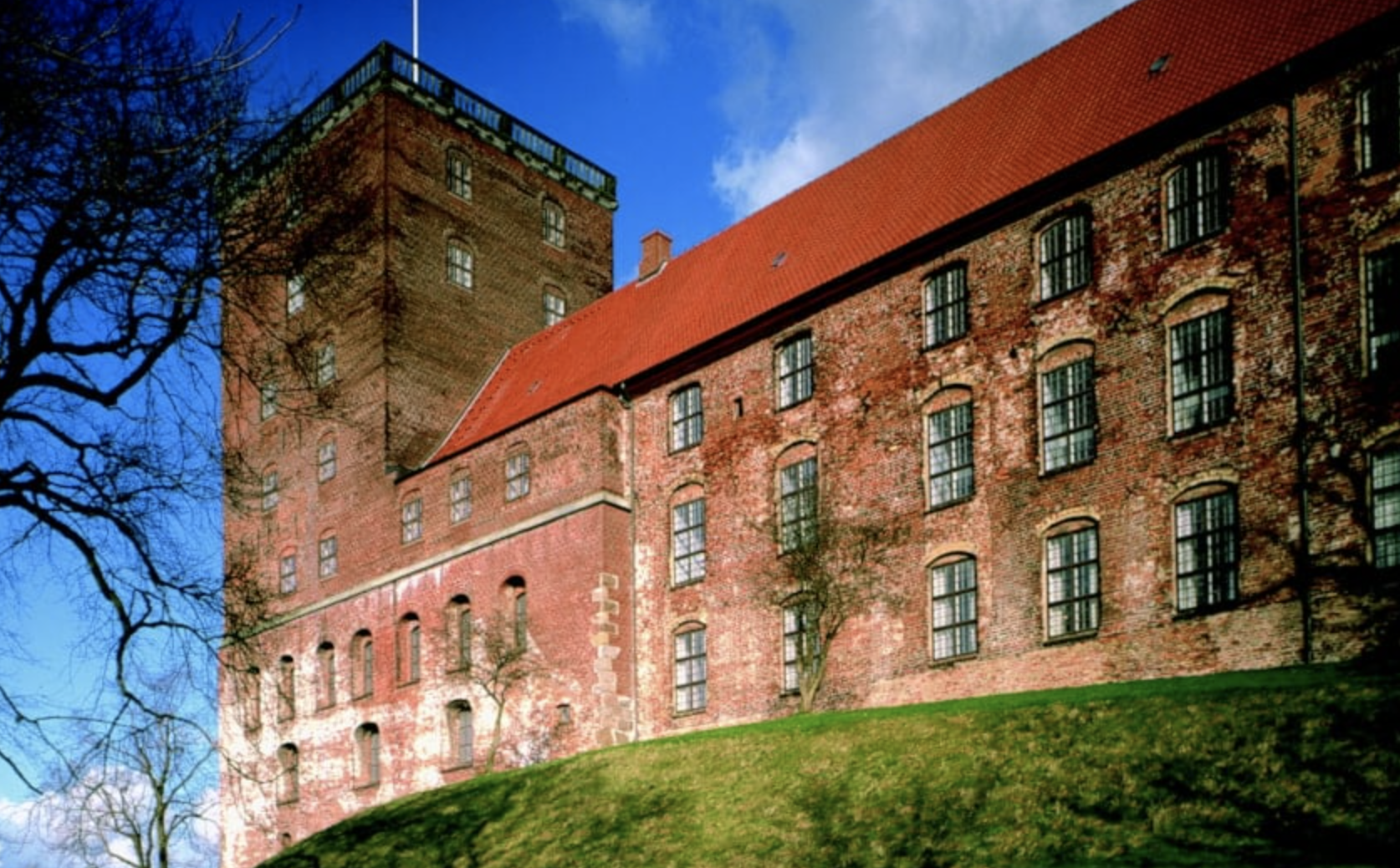 På en bakketop ses en står firkantet rød bygning. Bygningen har sorte vinduer, og rødt tag. I venstre side af billedet ses et træ uden blade.