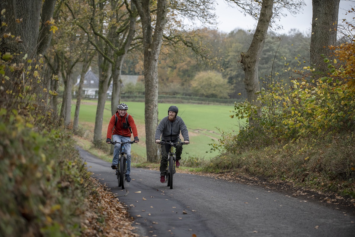 To cyklister cykler på asfaltvej omgivet af marker og træer i efterårets farver.