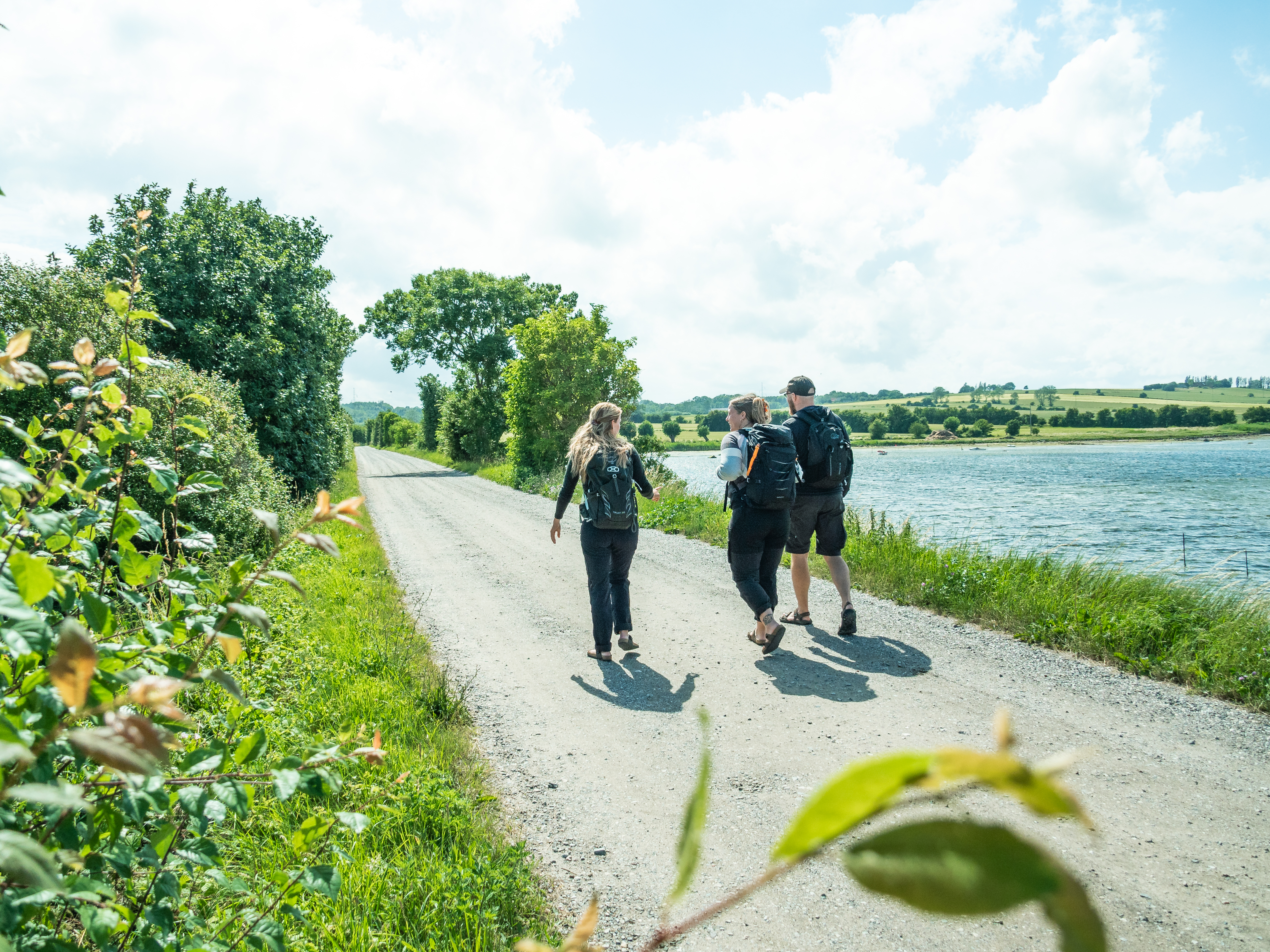 Tre vandrere går og snakker med ryggen til kameraet. De har en smuk udsigt til hav, mark og skov.