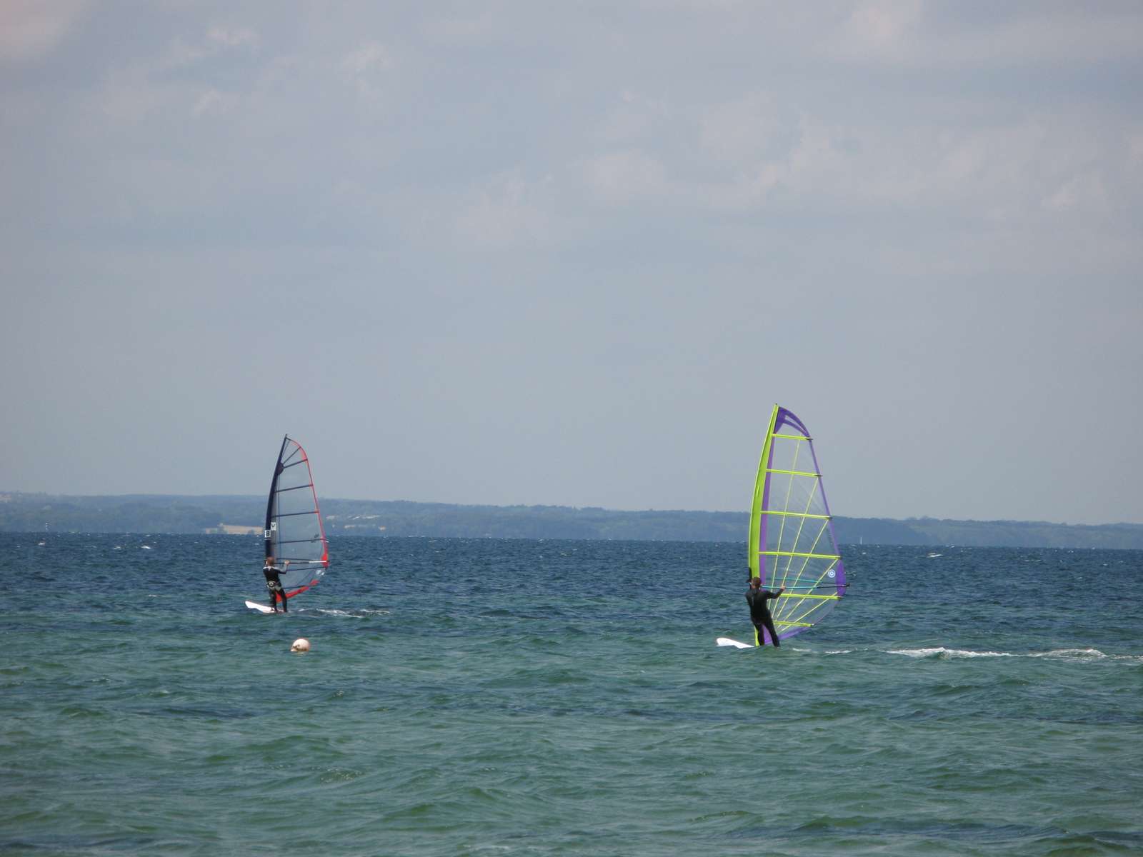 To windsurfere står med oprejst sejl på havet 