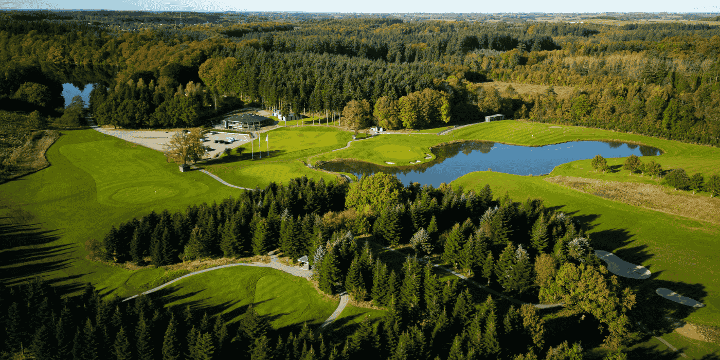 En golfbane med grantræer og en sø