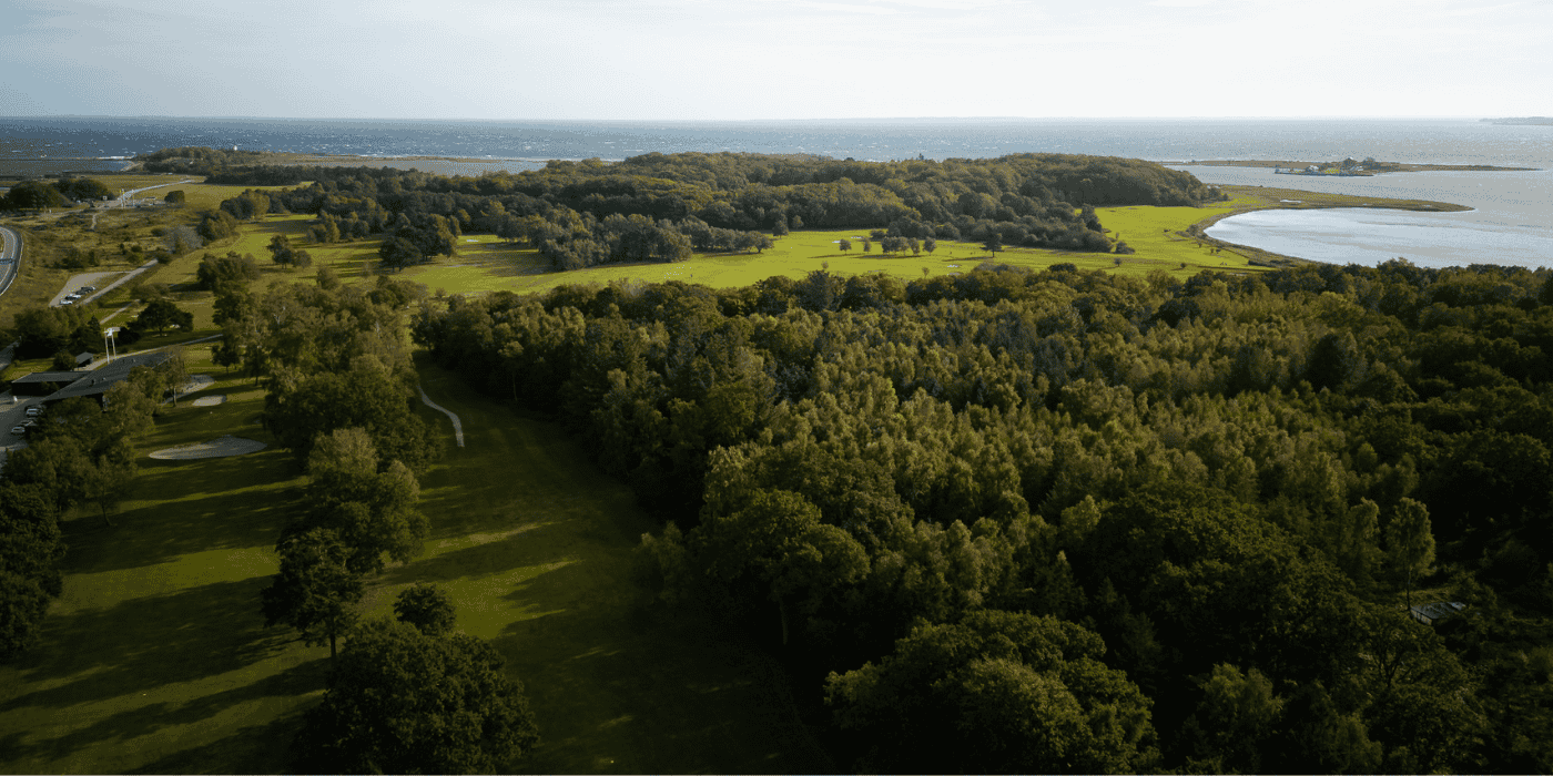Et dronefoto af en golfbane med fyrretræer, der grænser op til hav