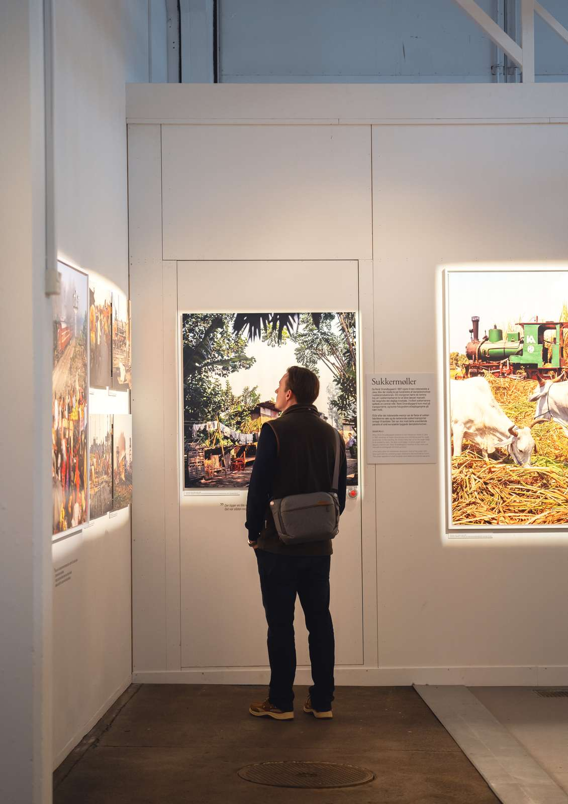 En mand står og kigger på en udstilling af lysbilleder med togtema