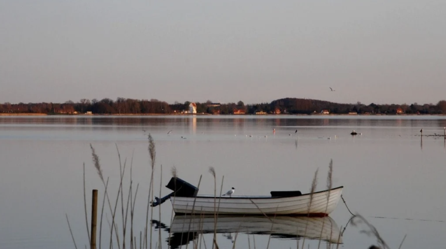 En sø med en hvid båd i front og nogle siv