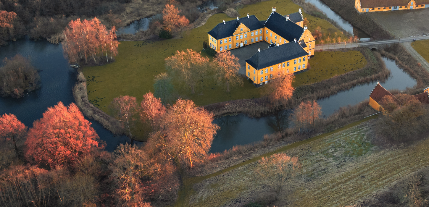 Dronebillede af et gult 3-længet slot midt i en efterårsfarvet skov