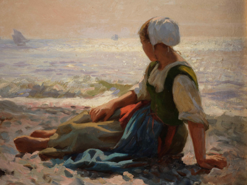 Et maleri af en kvinde, der sidder i vandkanten. 