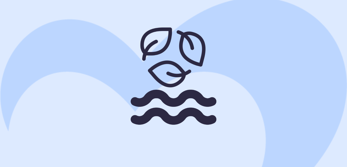 Grafik med ikonet af blade og bølger. Baggrunden er blå og man kan se Destination Fyns logo.