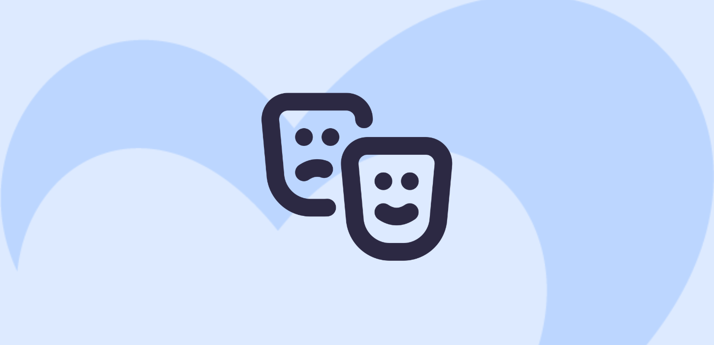 Grafik med ikonet af to masker. Baggrunden er blå og man kan se Destination Fyns logo.