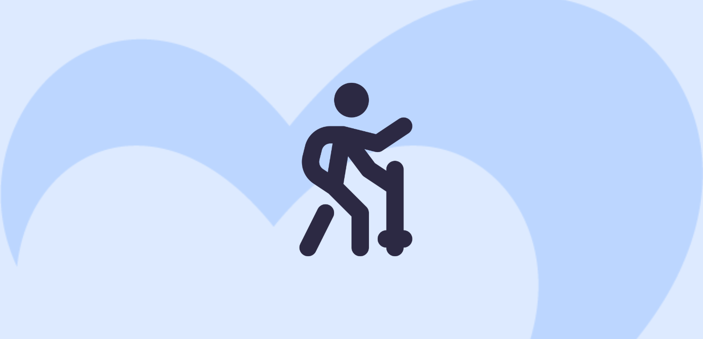 Grafik med ikonet af en hiker. Baggrunden er blå og man kan se Destination Fyns logo.