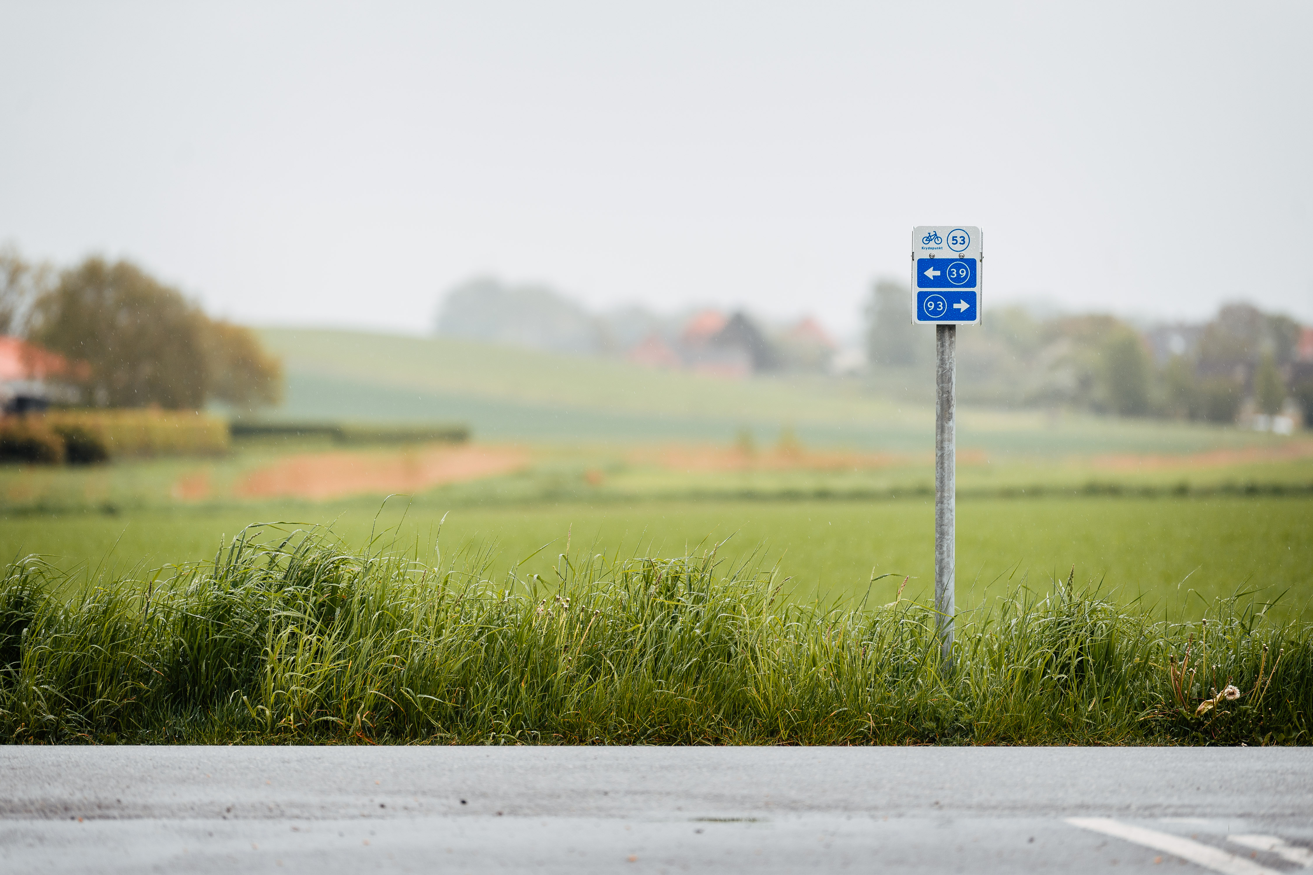 I kanten af en vej langs en mark står et blåt skilt med to numre på - det symboliserer cykelnettet, der er ved at blive udrullet på Fyn og øerne. 
