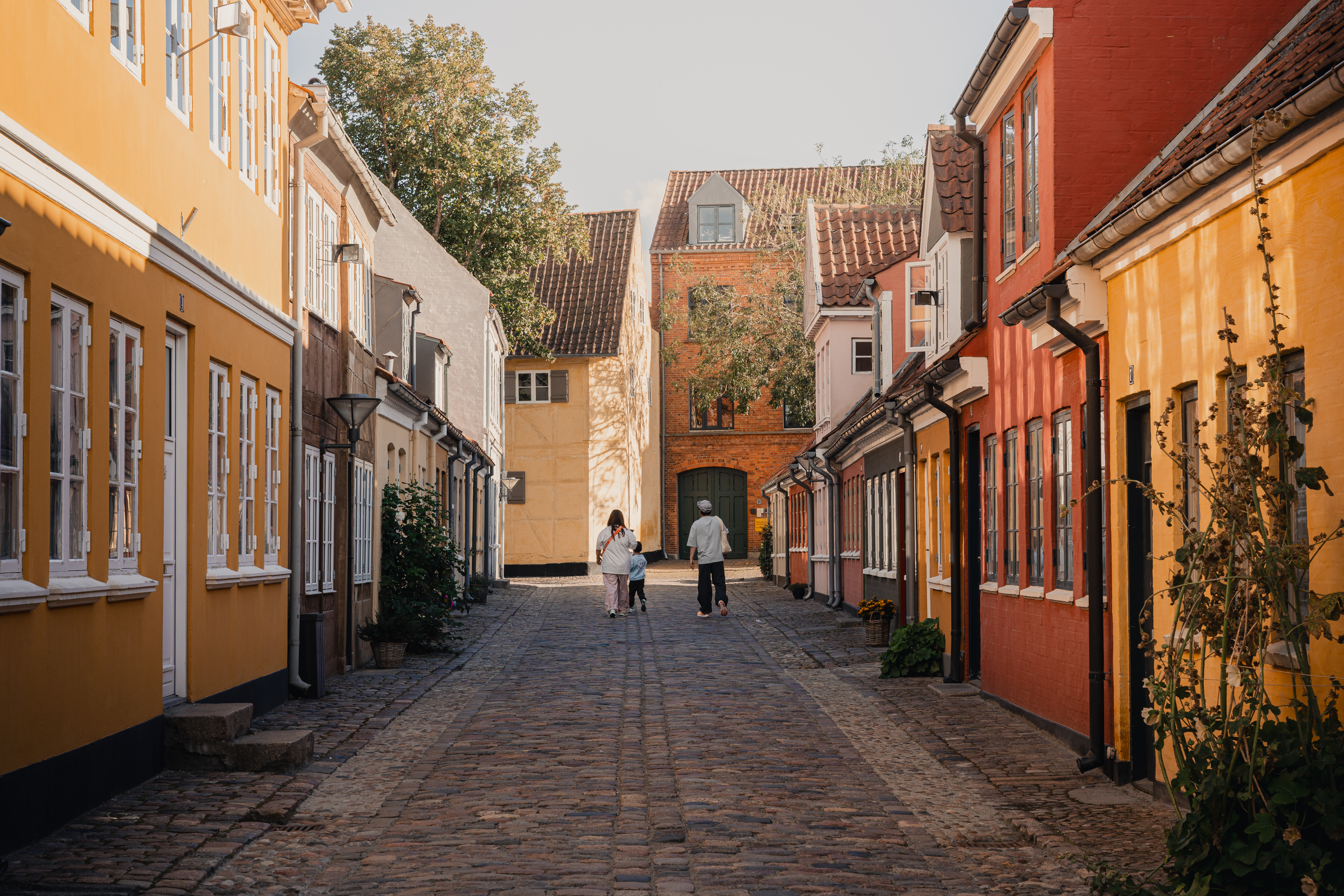 En familie bestående af mor, far og lille barn går igennem farverige gader i Odenses gamle og brostensbelagte bydel en sommerdag