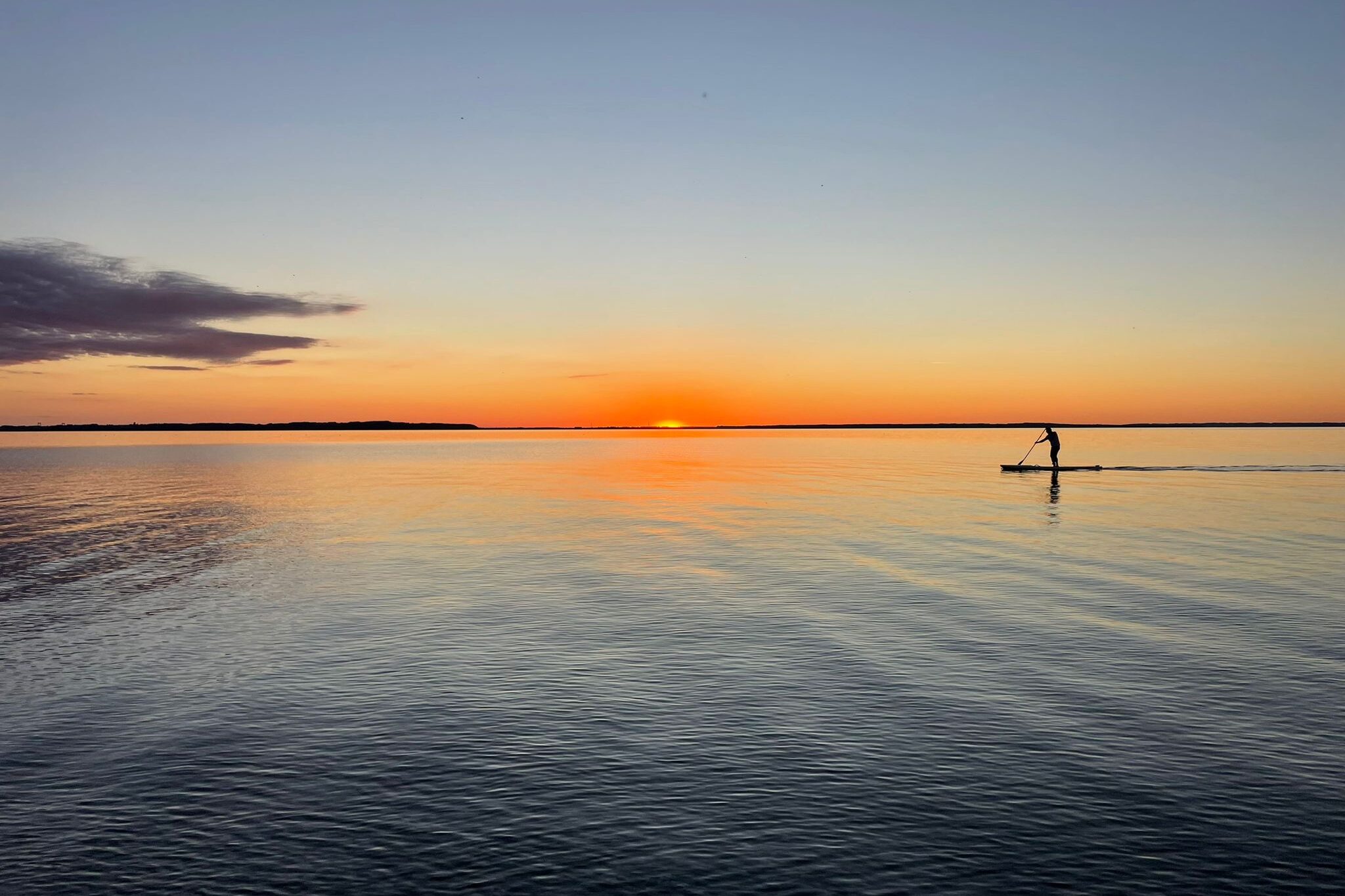 En person står på stand up paddle board foran en lavthængende sol på vej ned i horisonten.