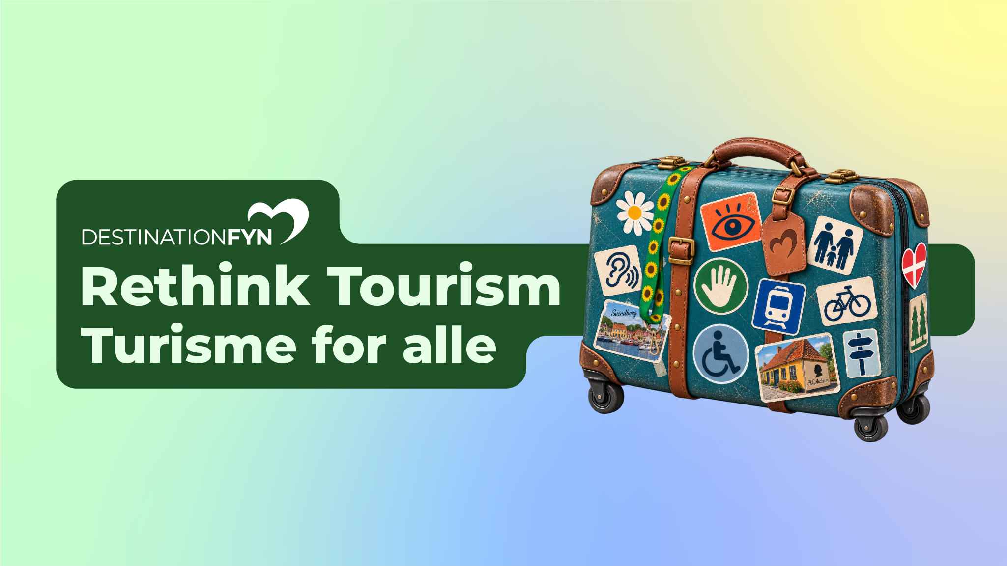 Grafik med teksten Rethink Tourism - Turisme for alle og en kuffert med forskellige labels på