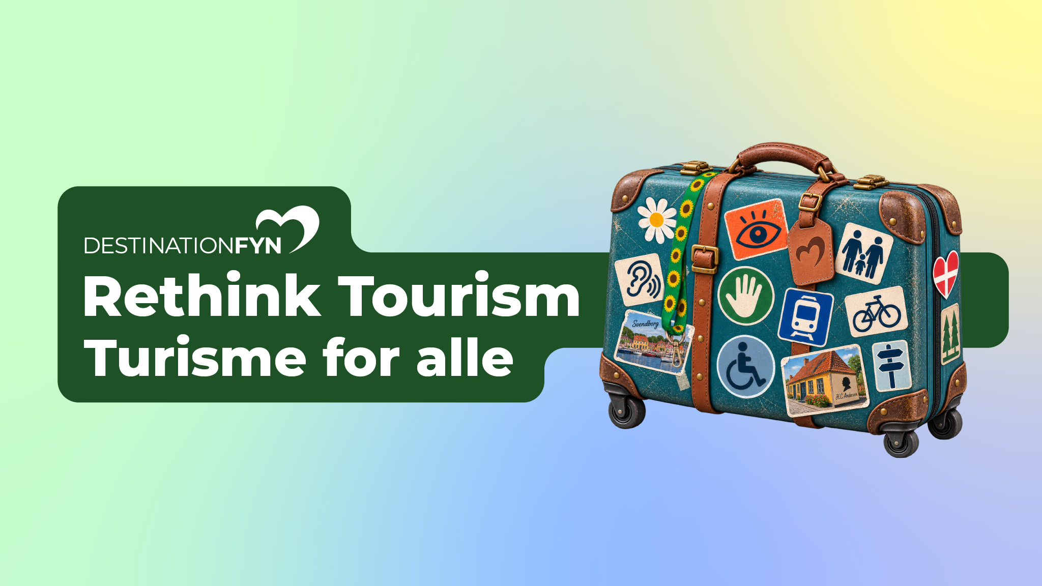 Grafik med teksten Rethink Tourism - Turisme for alle og en kuffert med forskellige labels på